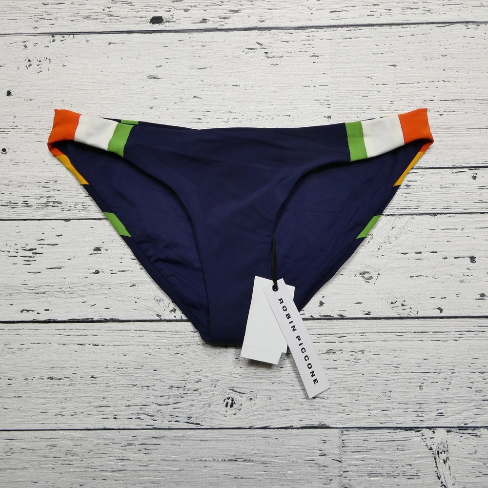Robin Piccone Navy Bikini Bottom with Orange, Green & White Accents